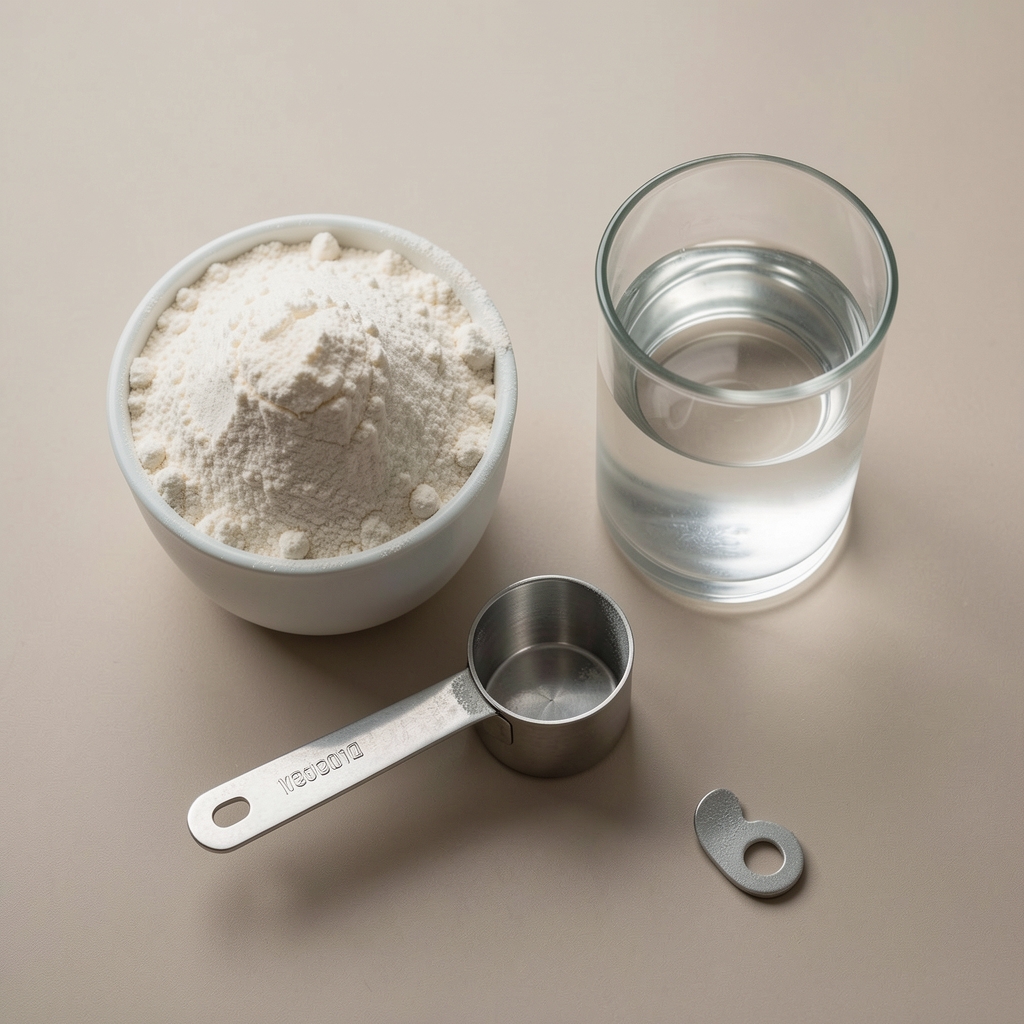 Protein powder, measuring scoop, and a glass of water arranged on a neutral surface, editorial overhead photograph