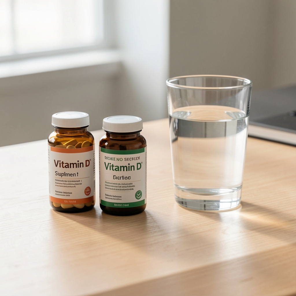 Close-up of vitamin D supplement containers and a glass of water on a clean wooden desk, morning light, minimal editorial composition