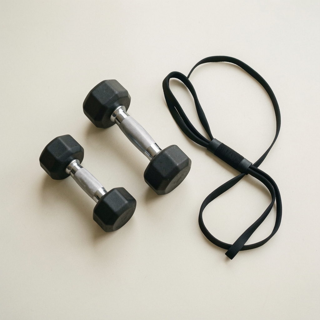 Weights and a resistance band arranged on a clean light-coloured gym surface, editorial flat lay, minimal composition