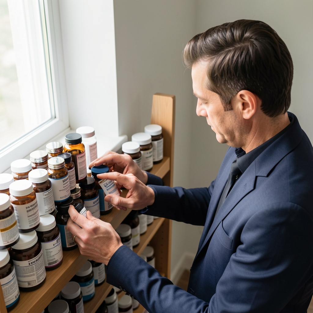 Man reviewing supplement labels arranged neatly on a shelf, editorial overhead composition, natural daylight from window