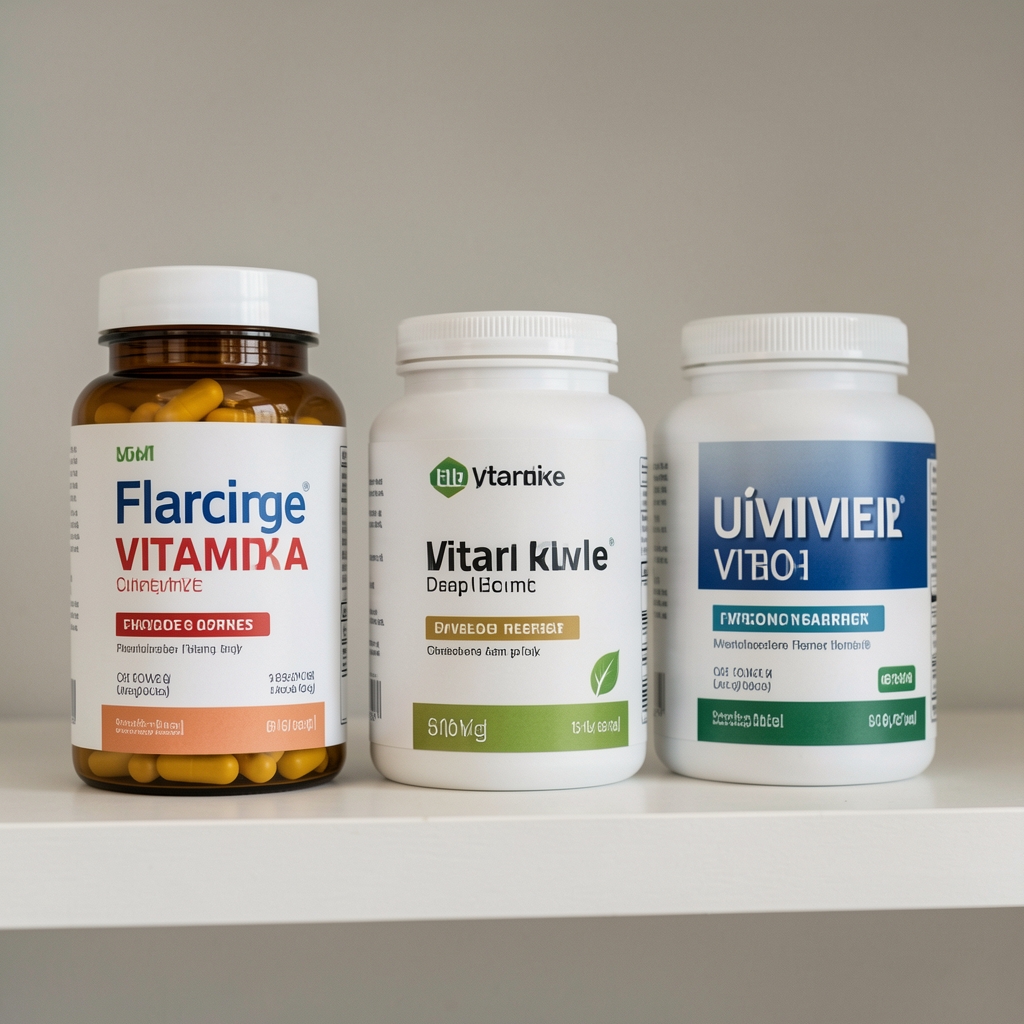 Close-up of vitamin supplement containers on a clean shelf, editorial composition with neutral background