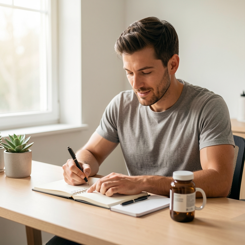 Active man journalling his morning supplement routine at a clean desk, soft natural window light, Manrope notebook and pen